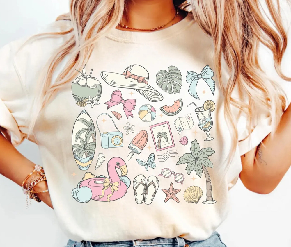 Coastal Summer Shirt, Beach Shirt, Seashell Shirt - Picture 1 of 4